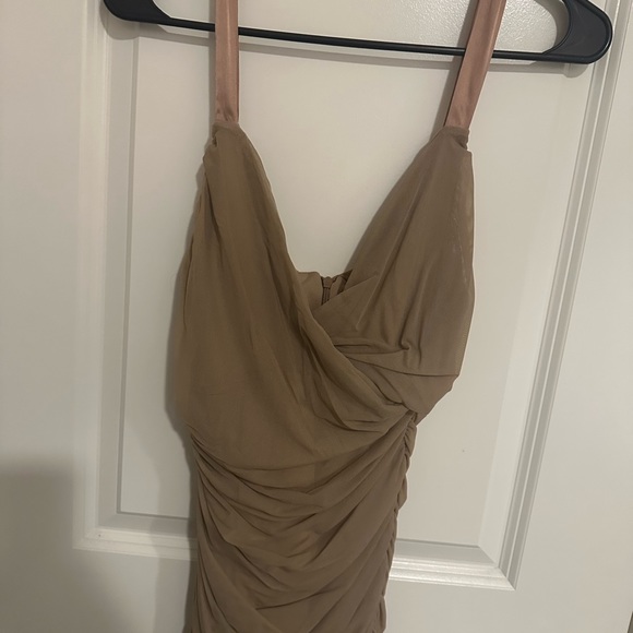Women’s Tan Solid Ruched Mesh Bodycon Dress - Picture 3 of 4